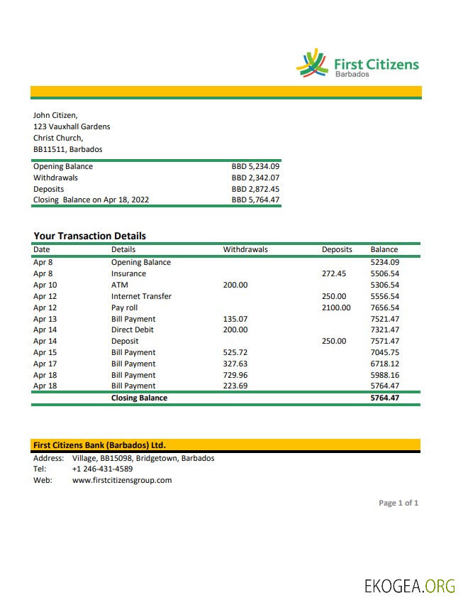 Premier relevé bancaire des citoyens de la Barbade xls